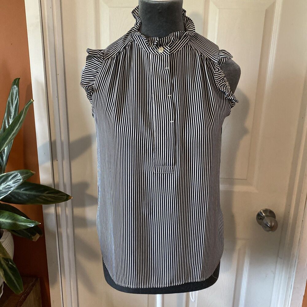 Loft Blouse Women’s XSP Petite Sleeveless Striped Ruffled Neck